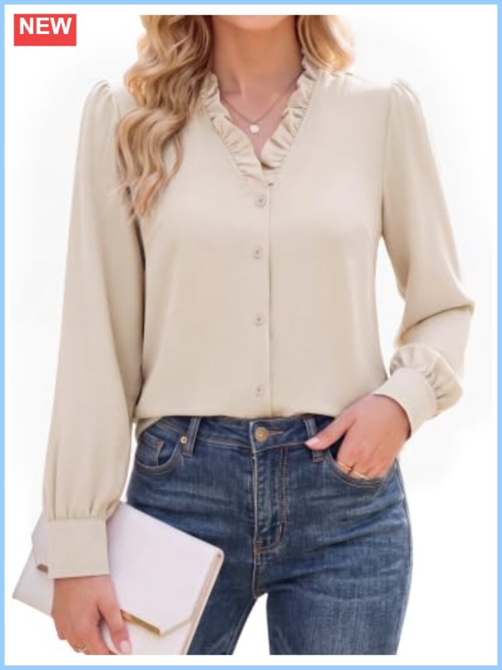 Ruffle V-Neck Button Down Blouse Dressy Casual Long Sleeve Top
